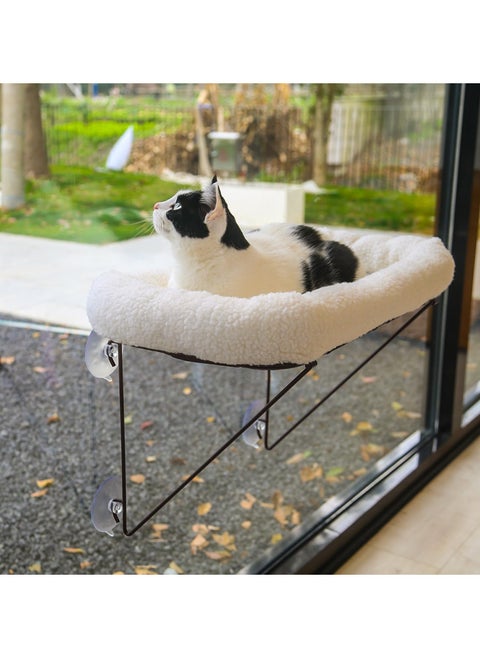 Cat Window Perch - 100٪ معدني مدعوم من الأسفل - يأتي مع سرير الحيوانات الأليفة الدافئة الواسعة - سرير نافذة القط للقطط الكبيرة والقطط - للاستحمام بالشمس والقيال والإطلالة