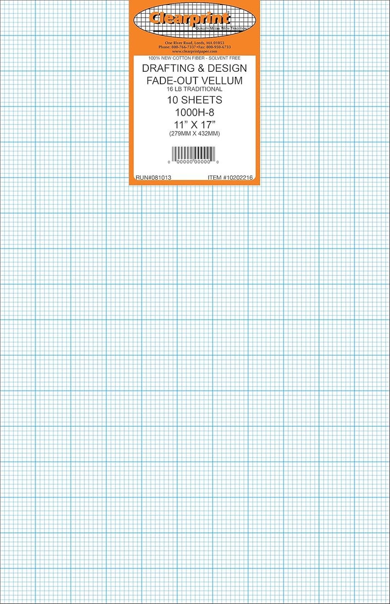 Clearprint 11 x 17 1000H Design Vellum Sheets with Printed FadeOut 8x8 Grid 16 lb 100 Cotton 10 Sheets Per Pack 1 Each