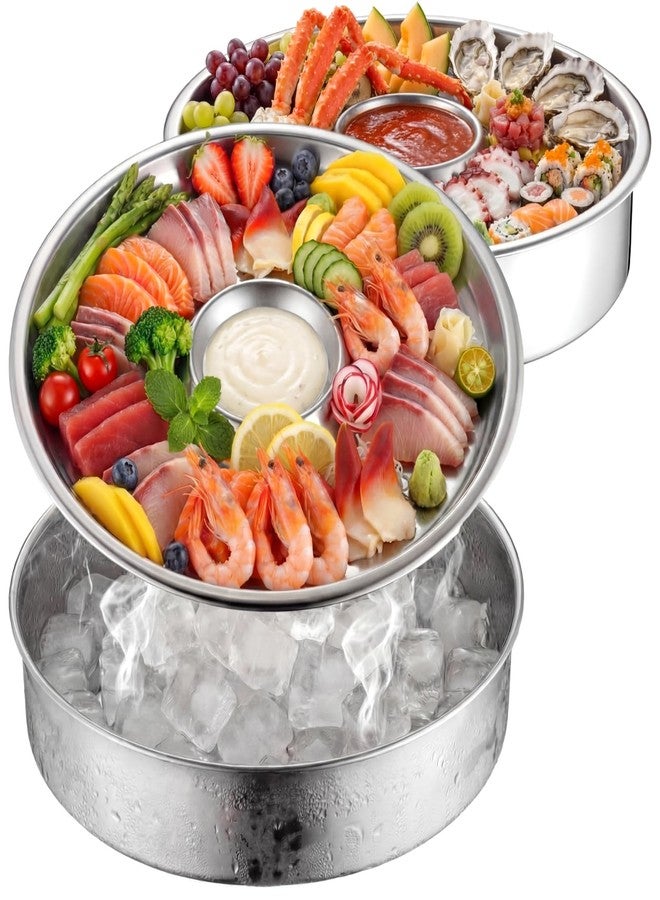 Ferrochef 2 Sets Chilled Serving Tray for Parties 10" Shrimp Cocktail Serving Dish with Ice Tray Stainless Steel Round Iced Cooling Platter with Dip Compartment for Oysters Crawfish Fruits Seafood - Image 1