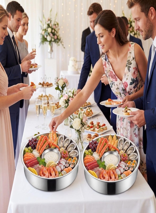 Ferrochef 2 Sets Chilled Serving Tray for Parties 10" Shrimp Cocktail Serving Dish with Ice Tray Stainless Steel Round Iced Cooling Platter with Dip Compartment for Oysters Crawfish Fruits Seafood - Image 4