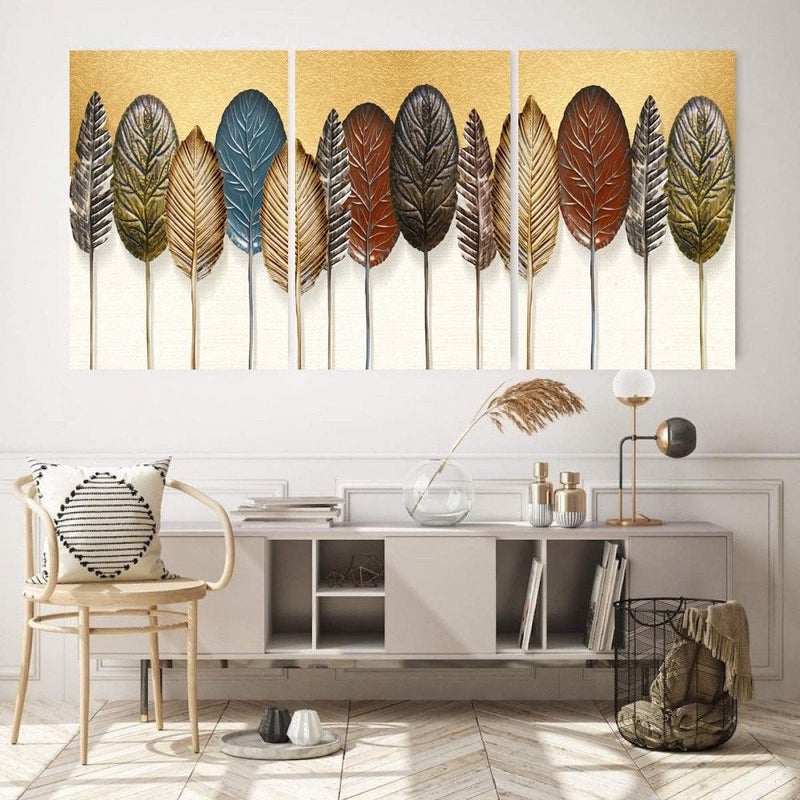 ماركتنا ثلاث لوحات قماشية مودرن بتصميم ريش مع برواز مجوف مقاس (120×60) ثلاث قطع - Image 1