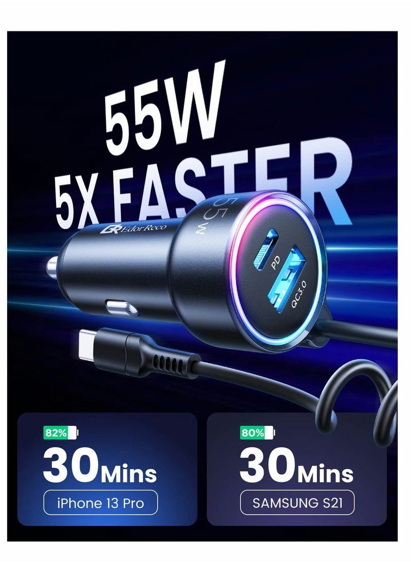 Excefore - USB C Car Charger, 55W 3 Port(Dual PD 3.0+QC 3.0)Fast Car Charger Adapter with Built-in USB C Coil, Compatible with iPhone 13/12/11, for iPad Pro/Mini, for Galaxy S21/S20 etc - Image 1