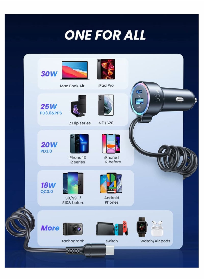 Excefore - USB C Car Charger, 55W 3 Port(Dual PD 3.0+QC 3.0)Fast Car Charger Adapter with Built-in USB C Coil, Compatible with iPhone 13/12/11, for iPad Pro/Mini, for Galaxy S21/S20 etc - Image 1