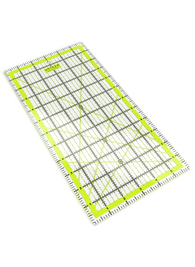 ARTEZA - Quilting Ruler Laser Cut Acrylic Quilters Ruler with Patented Double Colored Grid Lines for Easy Precision Cutting 6 Wide x 12 Long for Quilting Sewing  Crafts Black  Lime Green - Image 1