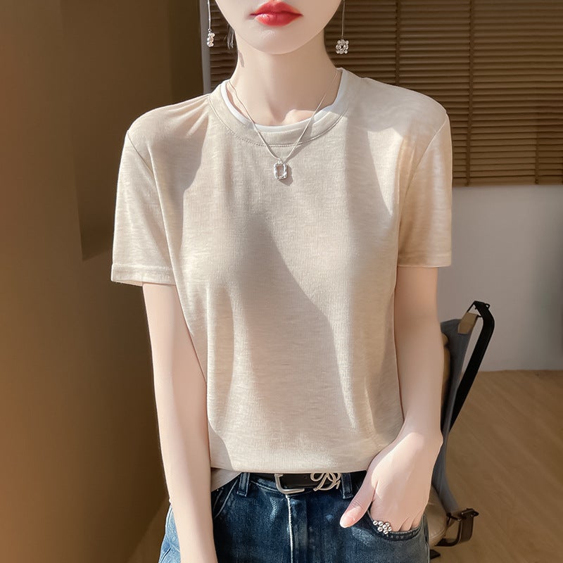 Cross-border wholesale summer new thin worsted knitted short sleeve T-shirt women's round neck loose color matching base shirt half sleeve - Image 3