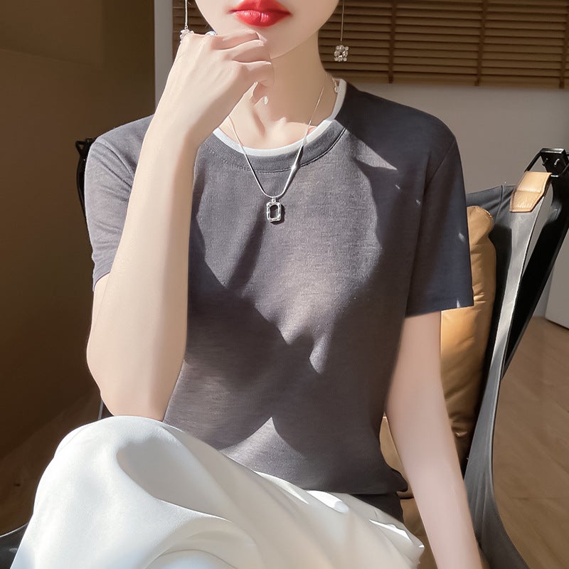 Cross-border wholesale summer new thin worsted knitted short sleeve T-shirt women's round neck loose color matching base shirt half sleeve - Image 1