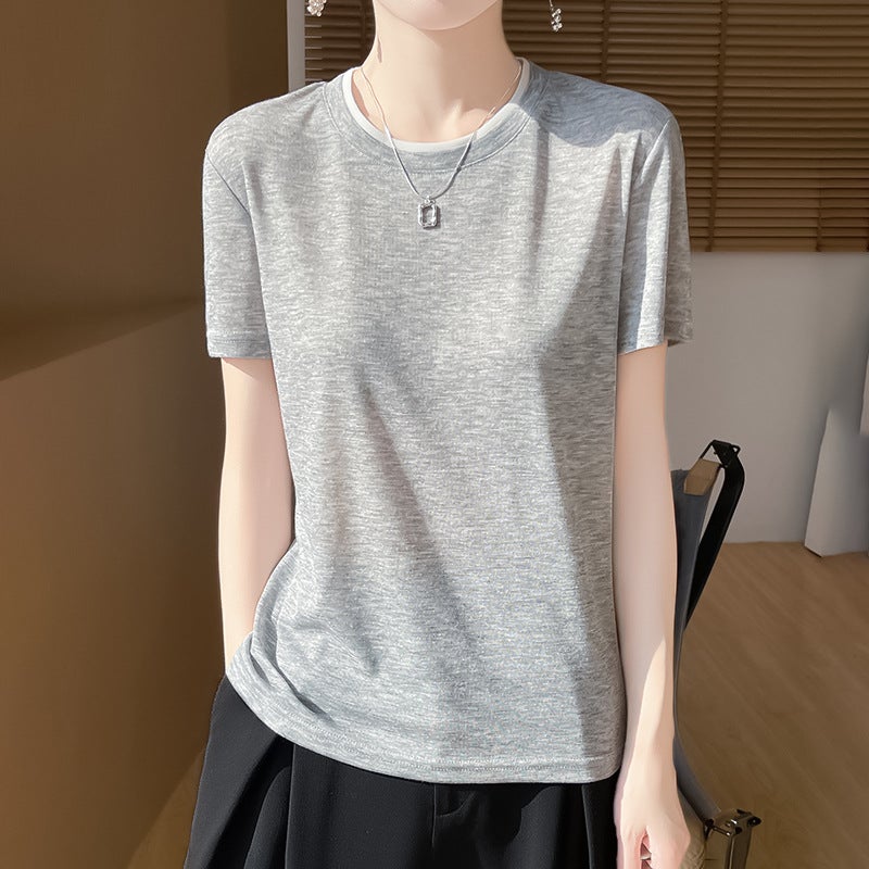 Cross-border wholesale summer new thin worsted knitted short sleeve T-shirt women's round neck loose color matching base shirt half sleeve - Image 5
