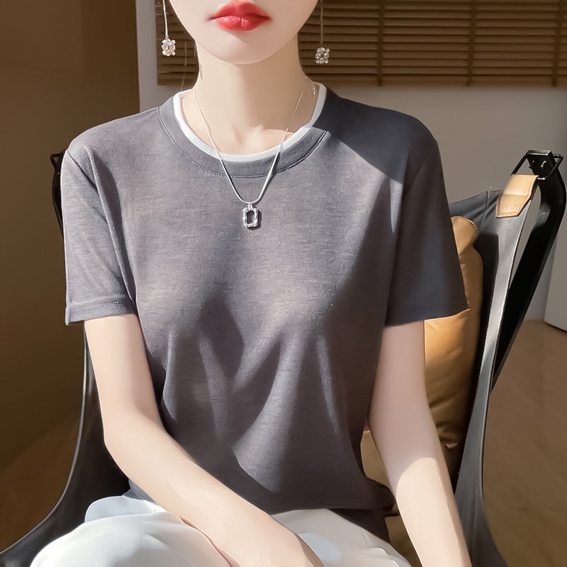 Cross-border wholesale summer new thin worsted knitted short sleeve T-shirt women's round neck loose color matching base shirt half sleeve - Image 2
