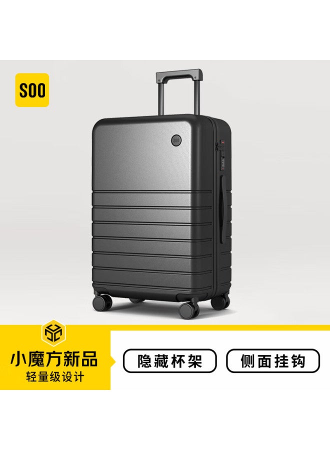 Soo Luggage Suitcase With Cup Holder, Trolley Case For Men And Women, Travel Suitcase, Password Lock, Large Capacity Leather Suitcase, Black, 26 Inches - Image 1