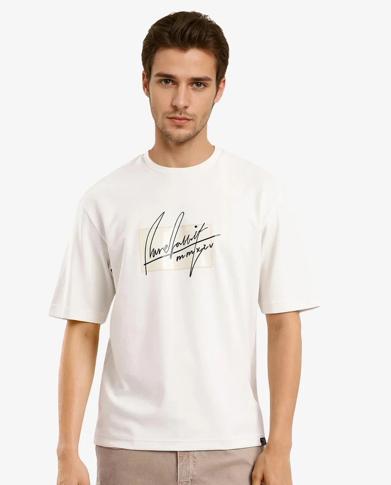 Rare Rabbit Rare Rabbit Men Raydo Off White Cotton Polyester Fabric Short Sleeve Crew Neck Boxy Fit Graphic Print T-Shirt