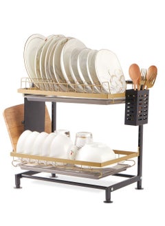 Dish Drying Stand, Adjustable 2 tier Dish Rack, Stainless Steel Holder Dish Drying Rocks for Kitchen, Black gold