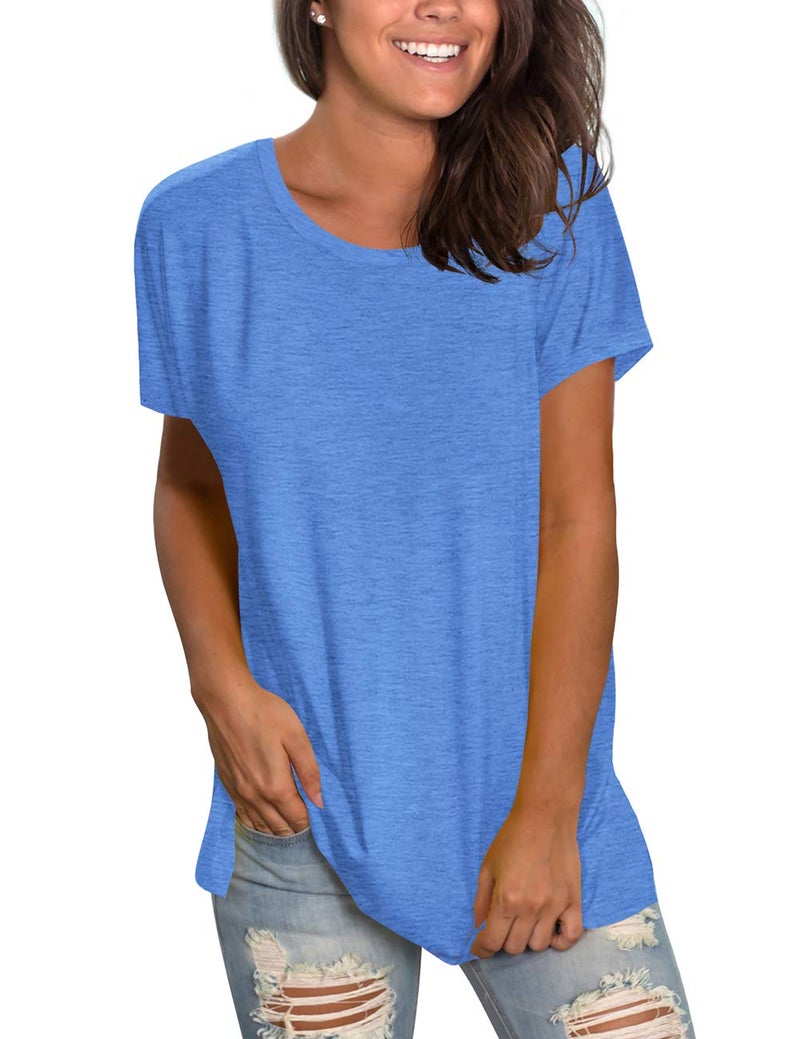 Saloogoe Plain T Shirts for Women Short Sleeve Summer Tops Loose Fitting Tees Blue XL - Image 2