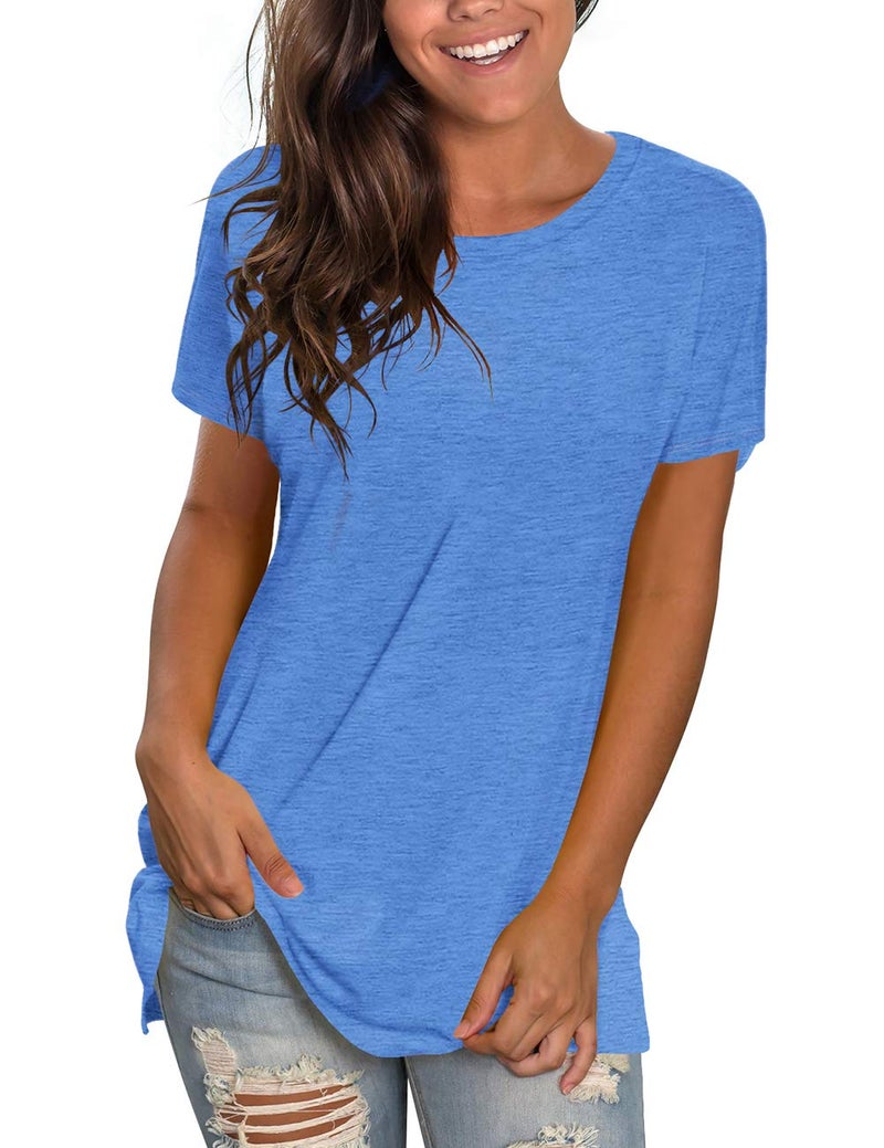 Saloogoe Plain T Shirts for Women Short Sleeve Summer Tops Loose Fitting Tees Blue XL - Image 1