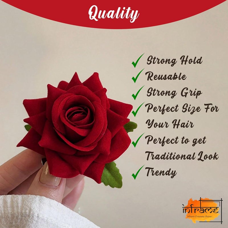 INFRAME Hair Accessories (6Pcs) Women & Girls - Stylish Red Rose Artificial Flowers Bun Juda U Pins & Clips for Style & Decoration - Bridal Brooch & Braid for Hairstyle of Bride, Wedding & Party) - Image 5