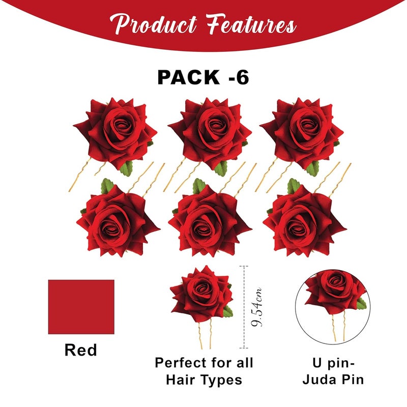 INFRAME Hair Accessories (6Pcs) Women & Girls - Stylish Red Rose Artificial Flowers Bun Juda U Pins & Clips for Style & Decoration - Bridal Brooch & Braid for Hairstyle of Bride, Wedding & Party) - Image 2