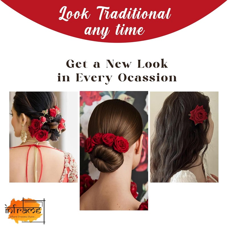 INFRAME Hair Accessories (6Pcs) Women & Girls - Stylish Red Rose Artificial Flowers Bun Juda U Pins & Clips for Style & Decoration - Bridal Brooch & Braid for Hairstyle of Bride, Wedding & Party) - Image 4