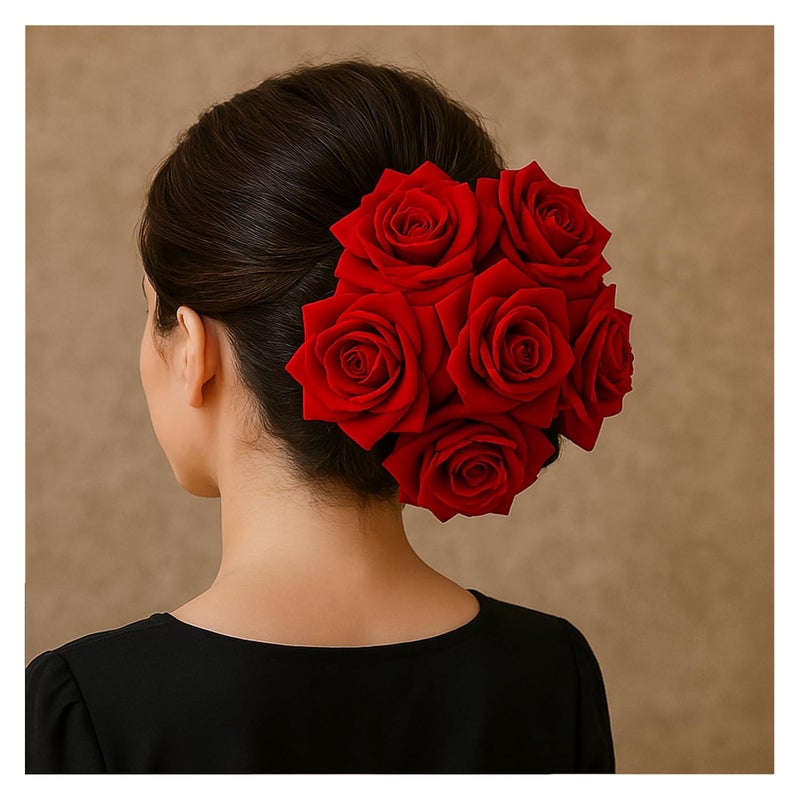 INFRAME Hair Accessories (6Pcs) Women & Girls - Stylish Red Rose Artificial Flowers Bun Juda U Pins & Clips for Style & Decoration - Bridal Brooch & Braid for Hairstyle of Bride, Wedding & Party) - Image 1