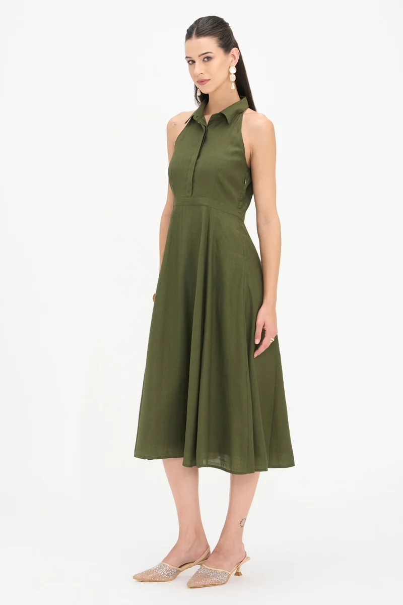 Virgio  Solid Viscose Halter Neck Shirt Dress for Women for Women | Best Price UAE