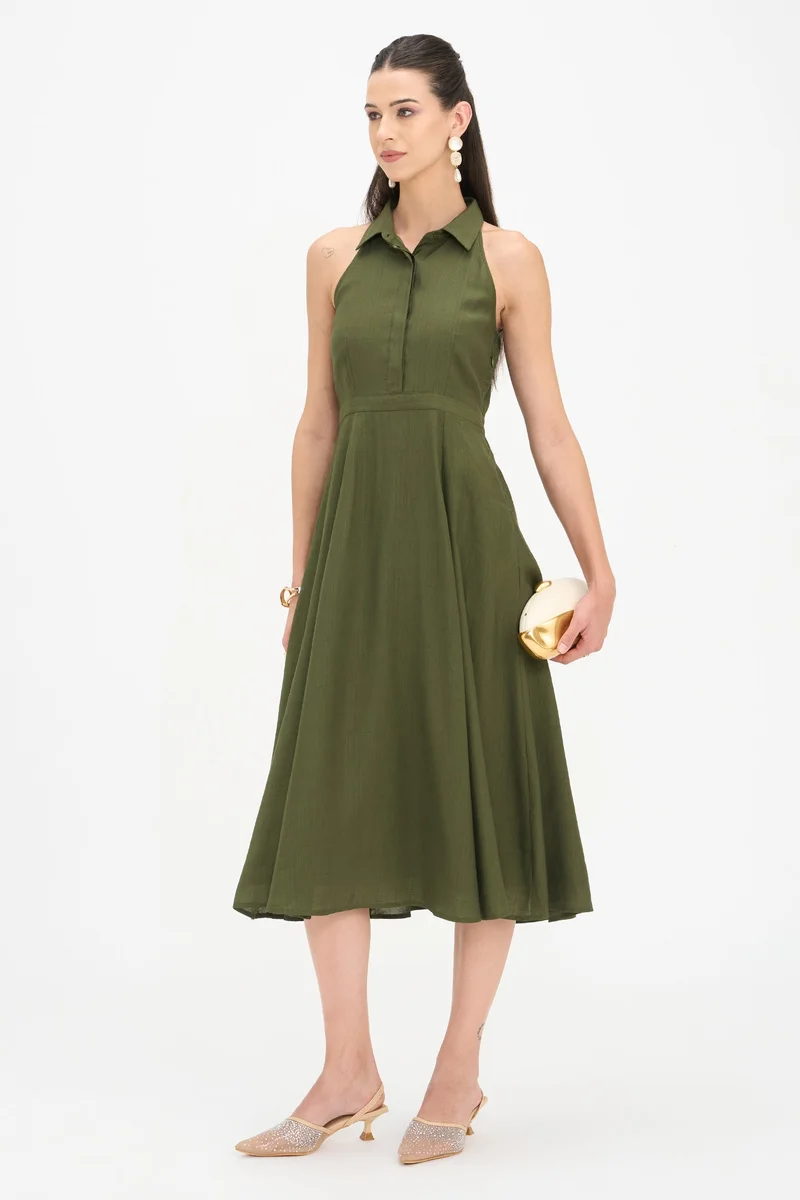 فيرجيو Solid Viscose Halter Neck Shirt Dress for Women