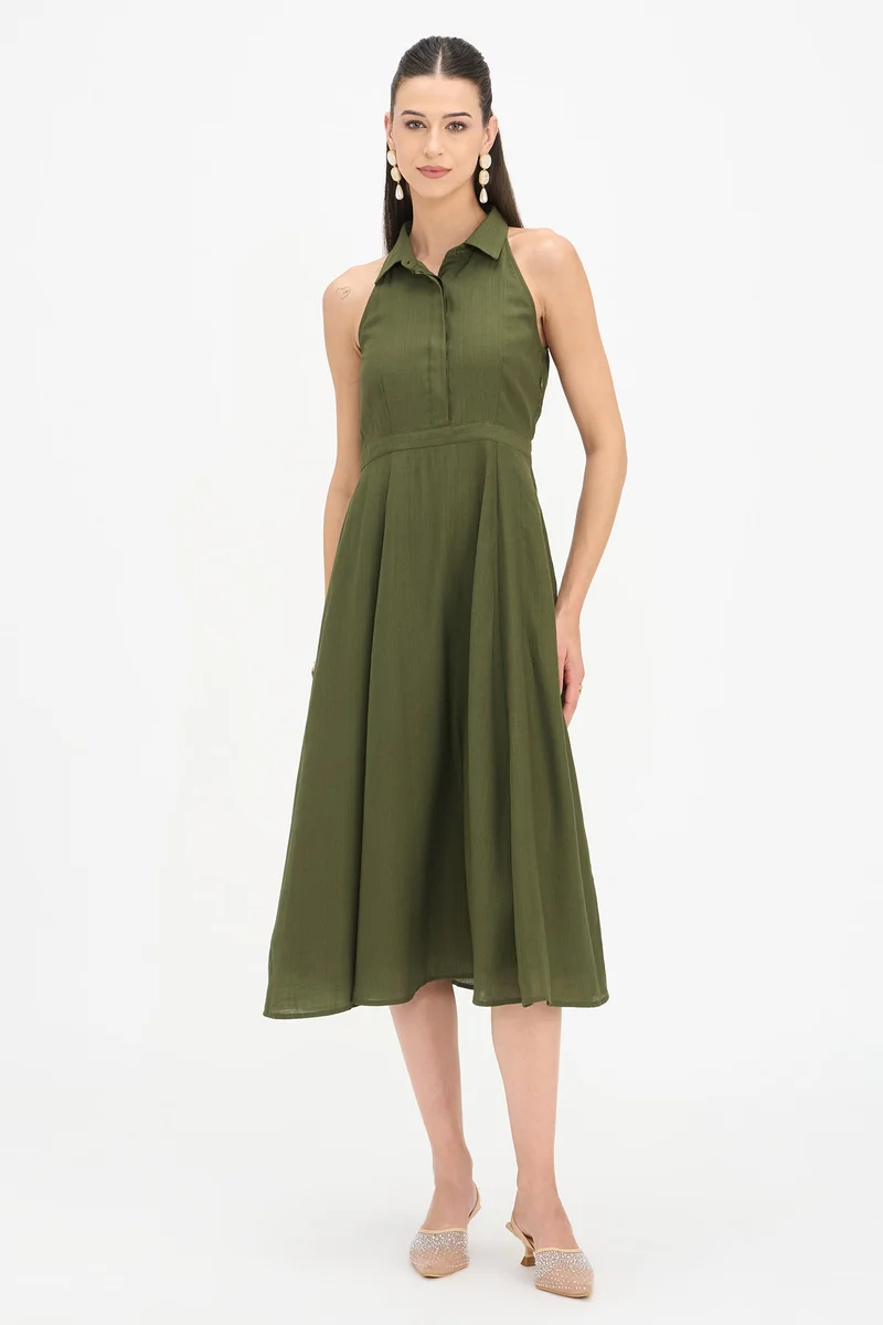 فيرجيو Solid Viscose Halter Neck Shirt Dress for Women