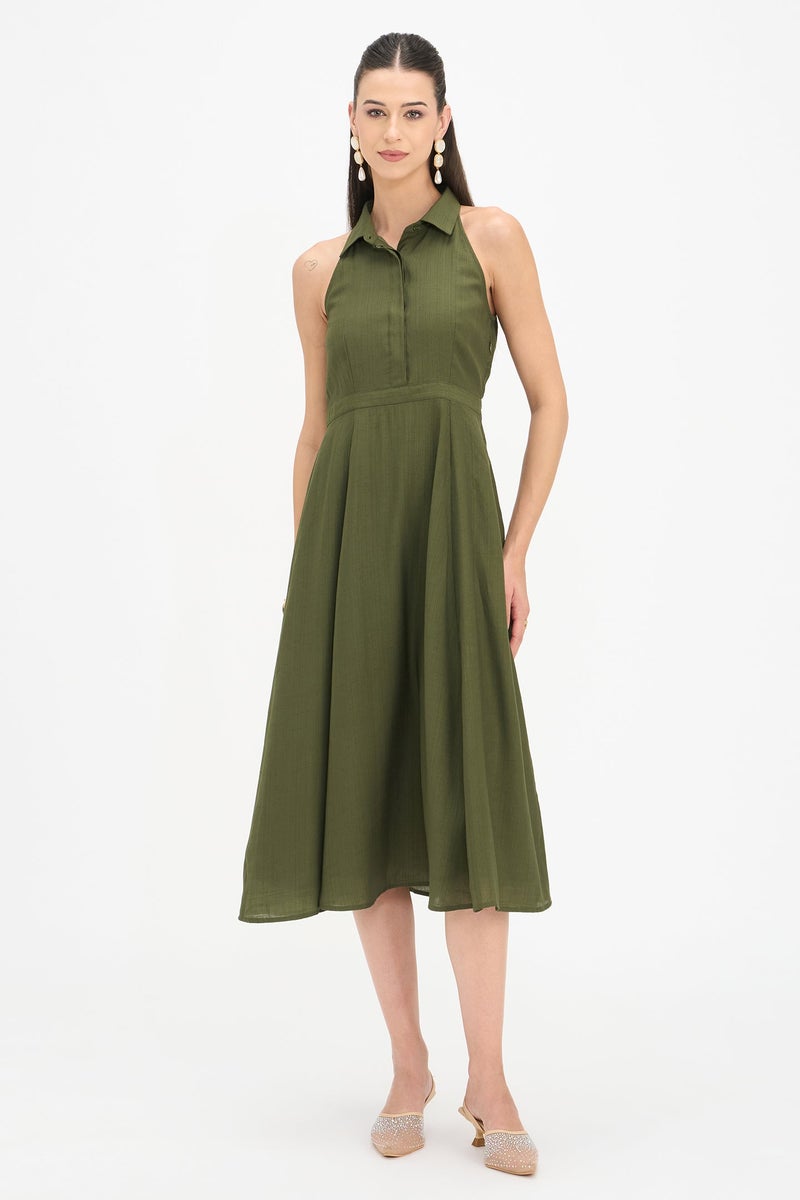 Virgio Solid Viscose Halter Neck Shirt Dress for Women - Image 2