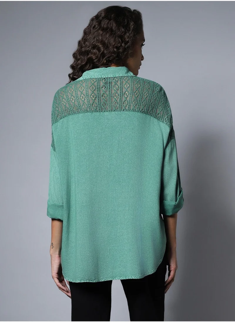 HIGH STAR  Solid Pattern Button Closure Forest Green Oversized Shirt for Women- Perfect for Comfortable and Stylish Wear for Women | Best Price UAE