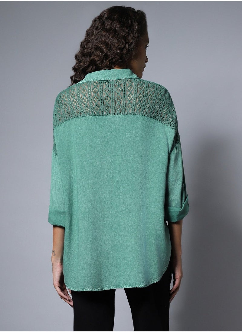 HIGH STAR Solid Pattern Button Closure Forest Green Oversized Shirt for Women- Perfect for Comfortable and Stylish Wear - Image 3