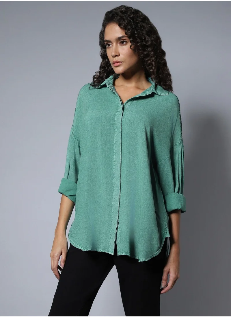 HIGH STAR  Solid Pattern Button Closure Forest Green Oversized Shirt for Women- Perfect for Comfortable and Stylish Wear for Women | Best Price UAE