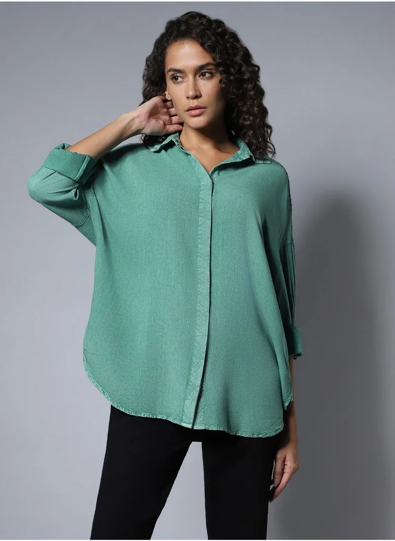 HIGH STAR  Solid Pattern Button Closure Forest Green Oversized Shirt for Women- Perfect for Comfortable and Stylish Wear for Women | Best Price UAE