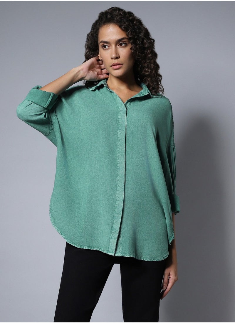 HIGH STAR Solid Pattern Button Closure Forest Green Oversized Shirt for Women- Perfect for Comfortable and Stylish Wear - Image 4