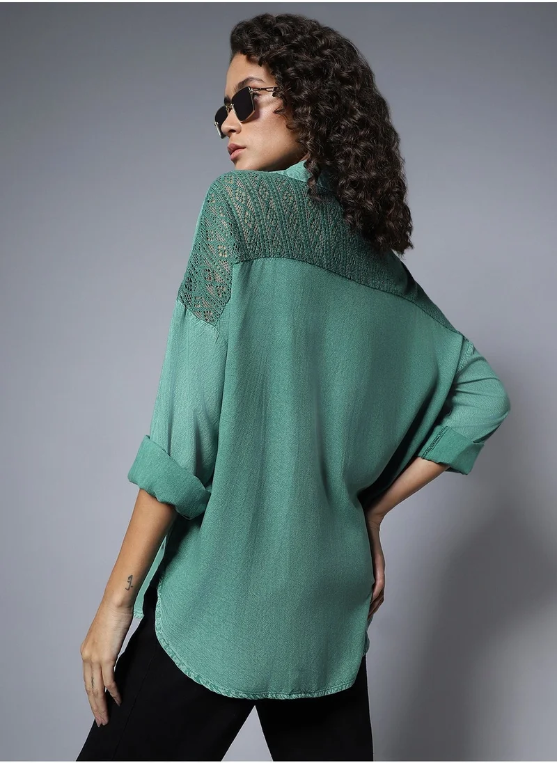 HIGH STAR  Solid Pattern Button Closure Forest Green Oversized Shirt for Women- Perfect for Comfortable and Stylish Wear for Women | Best Price UAE