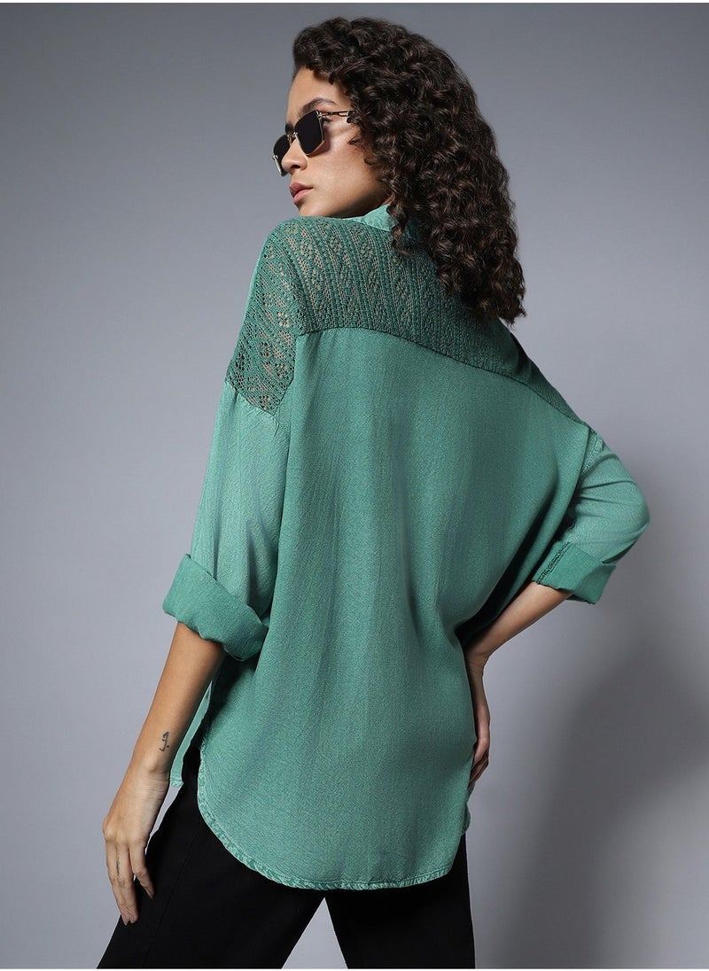 HIGH STAR Solid Pattern Button Closure Forest Green Oversized Shirt for Women- Perfect for Comfortable and Stylish Wear - Image 2