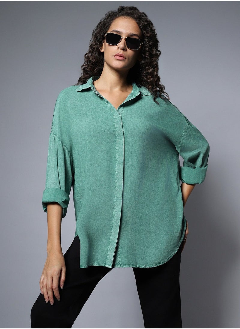 HIGH STAR Solid Pattern Button Closure Forest Green Oversized Shirt for Women- Perfect for Comfortable and Stylish Wear - Image 1