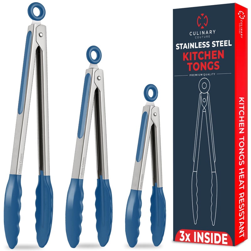 Culinary Couture Kitchen Tongs for Cooking with Silicone Tips, Heat Resistant Tongs for Serving Food, 7-Inch, 9-Inch, 12-Inch Locking Silicone Tong, Set of 3 Salad Tong, Blue Kitchen Utensils - Image 1
