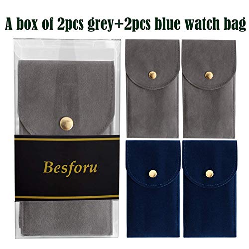 Besforu 4PCS Watch Travel Case for Men and Women Portable Velvet Watch Pouch Watch Storage Bag and Organizer (2BLUE+2GRAY) - Image 2