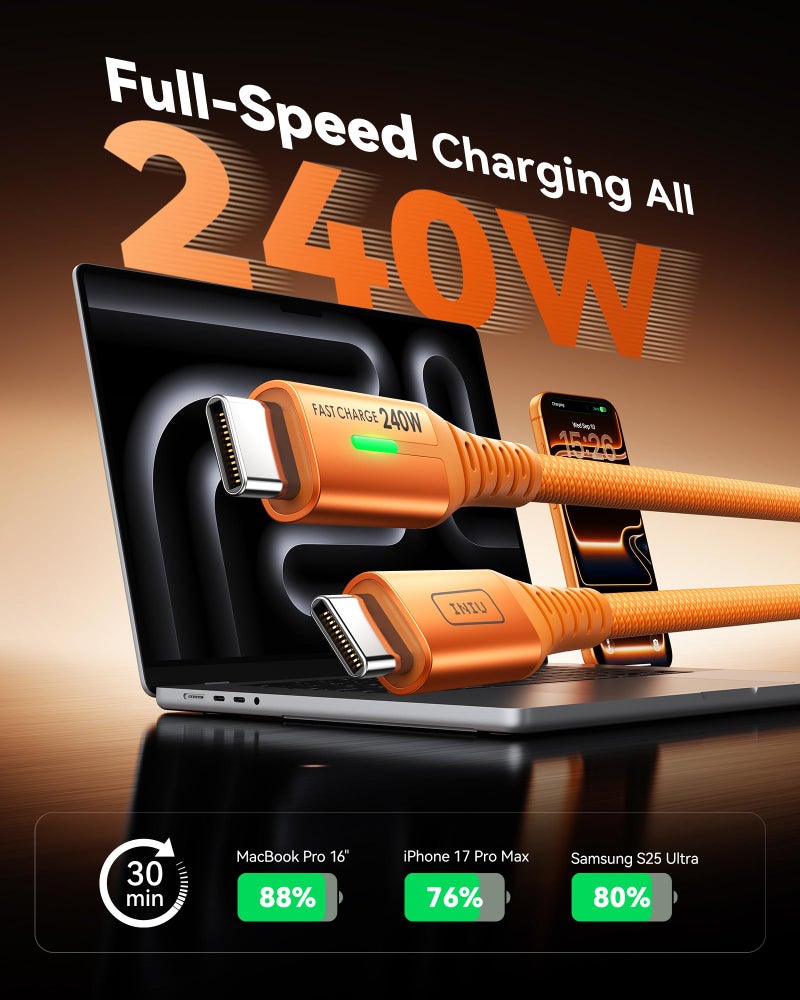 INIU USB C to USB C Cable, 240W Fast Charging Type C Charger Cord, Braided USBC Cable for iPhone 17, Samsung S25, Laptop, MacBook, Switch, Kid, Emergency, Flight, [6.6ft+6.6ft Orange] - Image 2