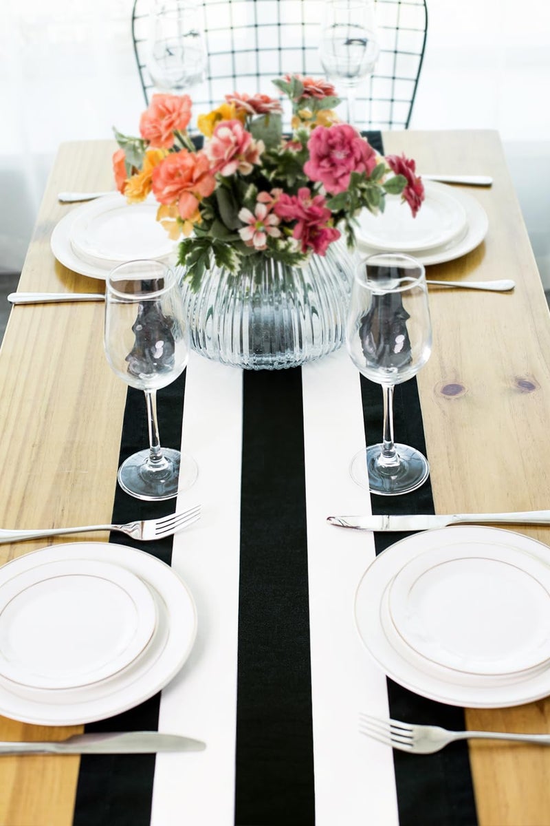 Letjolt Black and White Striped Table Runner for Kitchen Decor Black Stripe Tabletop Collection Cotton Canvas Table Runner 90 Inches Beetlejuice Party Decor - Image 1