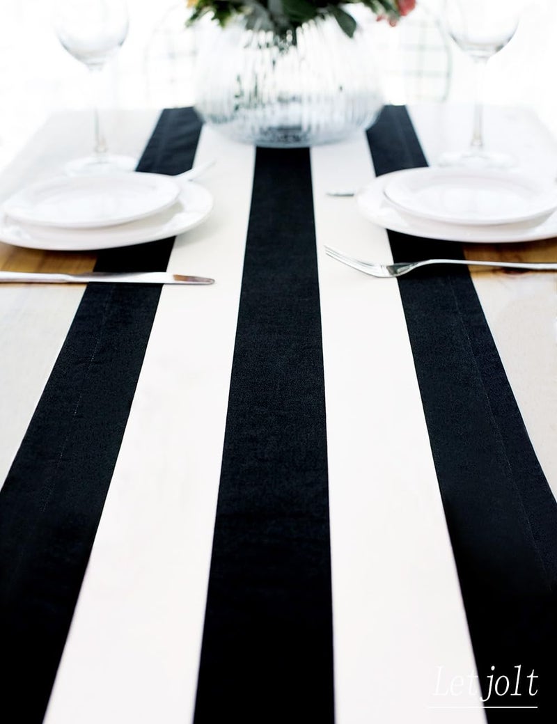 Letjolt Black and White Striped Table Runner for Kitchen Decor Black Stripe Tabletop Collection Cotton Canvas Table Runner 90 Inches Beetlejuice Party Decor - Image 5
