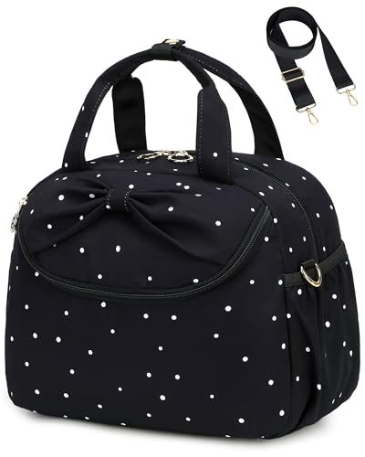 Bluboon Lunch Box for Women Large Insulated Lunch Bag with Shoulder Strap Adult Lunch Tote Teacher Nurse Bow Lunch Cooler Gifts for Work Picnic Travel Black Black White Dots - Image 1
