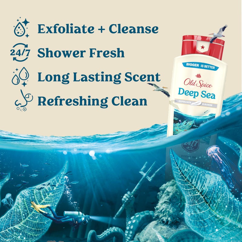 Old Spice Cleansing Body Wash for Men, 24/7 Shower Fresh with Lasting Scent, Exfoliate & Cleanse, Gentle on Skin, Vitamin B3, Deep Sea with Ocean Waves + Kelp Scent, 18 oz (Pack of 4) - Image 2