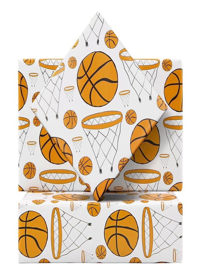 Boerni Basketball Wrapping Paper for Men Women, Large & Small Basketballs / Hoops Patterns on White Art Paper - Sports Theme Design for Basketball Player Kids Boys Girls Birthday Party Match Gift Wrap Paper - Image 1