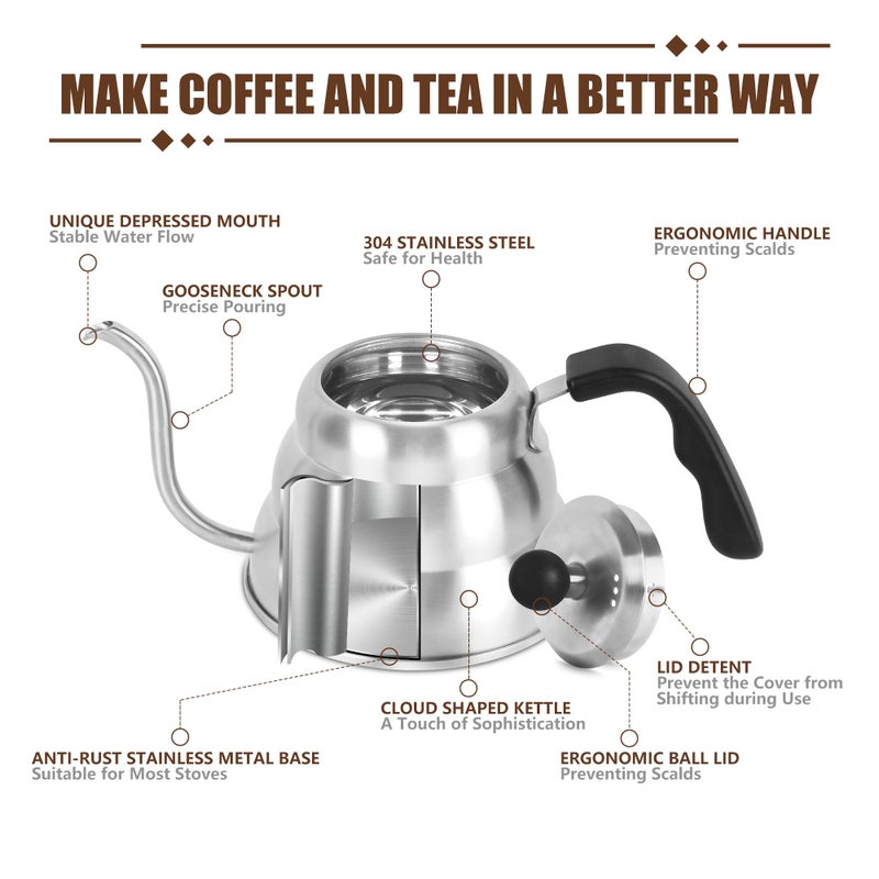 Apusu Stainless Steel Tea Kettle 800ml W/O Thermometer Gooseneck Kettle for Stovetop Pour Over Coffee Kettle Precision Pour Drip Spout Tea Pot 28oz,4 Cup,Silver,1Pack - Image 4