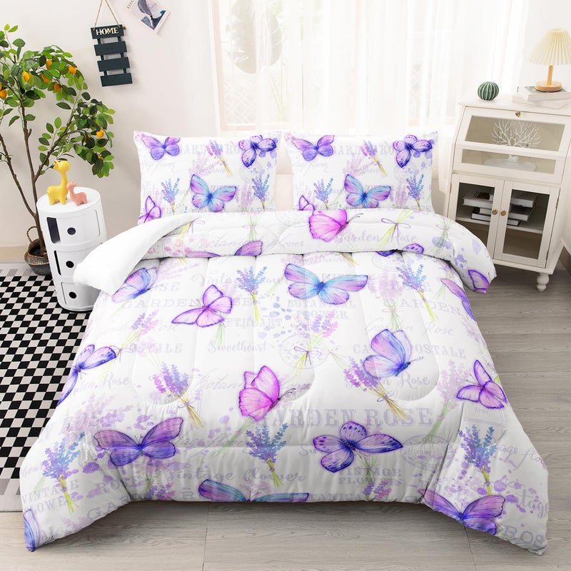 XYNHML Purple Butterfly Comforter Set Twin Size for Girls Kids Adults Lavender Flowers Pattern Bedding Set Aesthetics Butterflies Quilt Bed Set with 1 Comforter and 2 Pillowcases - Image 1
