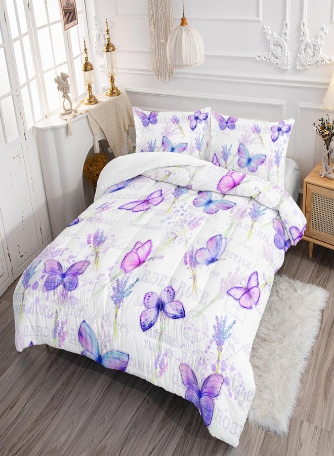 XYNHML Purple Butterfly Comforter Set Twin Size for Girls Kids Adults Lavender Flowers Pattern Bedding Set Aesthetics Butterflies Quilt Bed Set with 1 Comforter and 2 Pillowcases - Image 3