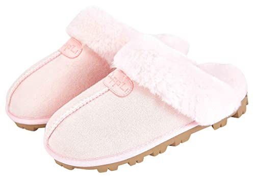 CLPP'LI Womens Slip on Faux Fur Warm Winter Mules Fluffy Suede Comfy Slippers-Pink-6 - Image 1