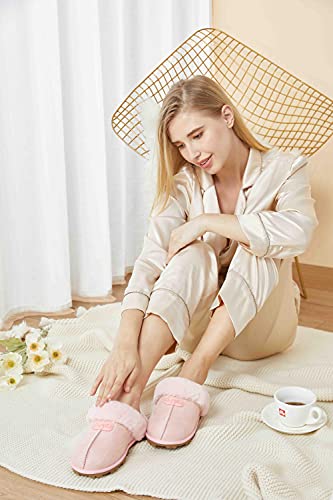 CLPP'LI Womens Slip on Faux Fur Warm Winter Mules Fluffy Suede Comfy Slippers-Pink-6 - Image 2