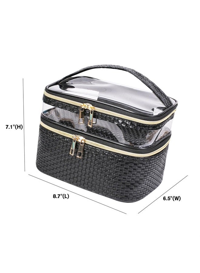 FITINI Makeup Bags Double Layer Travel Storage Cosmetic Cases Make-up Organizer Toiletry Bags Water-resistant for Women Makeup Brush Bag,Black Woven Pattern - Image 1