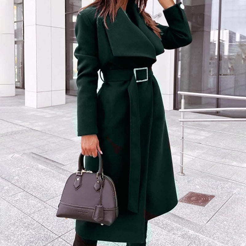 woobles Women's Faux Wool Notch Lapel Double Breasted Trench Belted Mid Long Outwear Winter Coat Slim Long Pea Coat Overcoat 003-army Green - Image 3