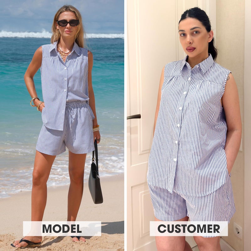 EXLURA Women's Summer 2 Piece Outfits Cotton Sleeveless Button Down Shirts Matching Shorts Sets Cruise Beach Vacation Resort - Image 3