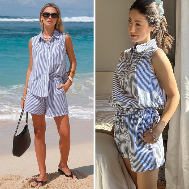 EXLURA Women's Summer 2 Piece Outfits Cotton Sleeveless Button Down Shirts Matching Shorts Sets Cruise Beach Vacation Resort - Image 2